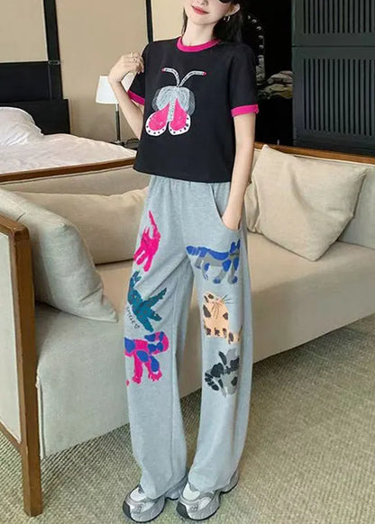 O-neck Print Patchwork Top Jeans and Two Pieces Set Summer