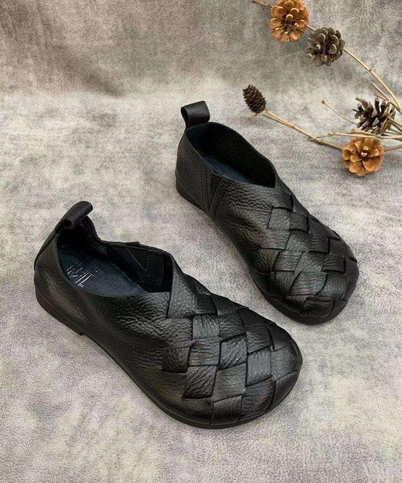 Black Flat Shoes for Handmade Cowhide Leather Fitted Splicing
