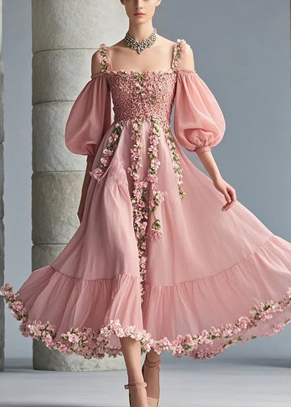 French Pink Cold Shoulder Three-dimensional Chiffon Party Dress Puff Sleeve