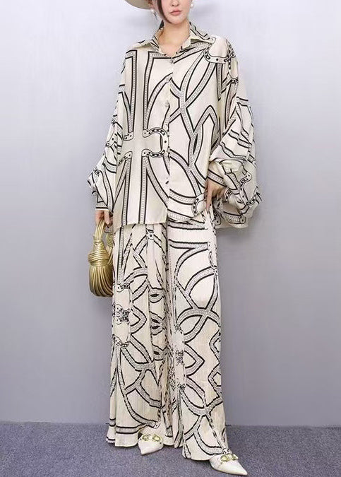 White Oversized Print Silk Two Piece Set Outfits Batwing Sleeve
