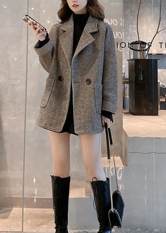 Khaki Notched Pockets Woolen Coat Winter