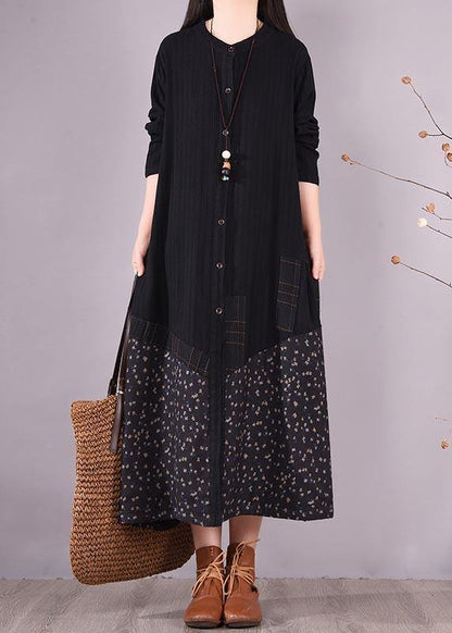 Black Patchwork Print Tunic O Neck Pockets Maxi Spring Dresses