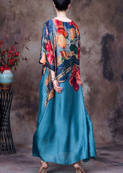 Blue O-neck Print Silk Party Dress Long Sleeve