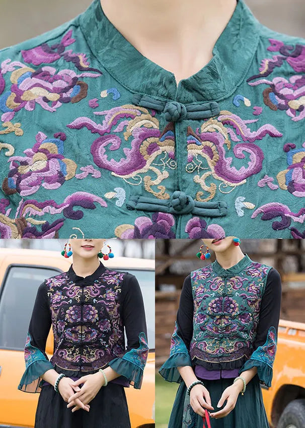 Black Stand Collar Embroideried Linen Waistcoat Fall