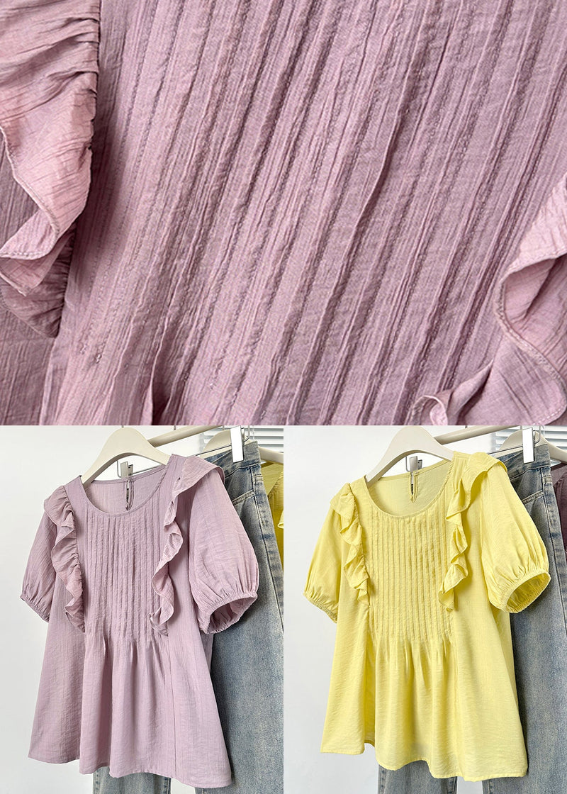 Yellow Ruffled Button Cotton Shirts O Neck