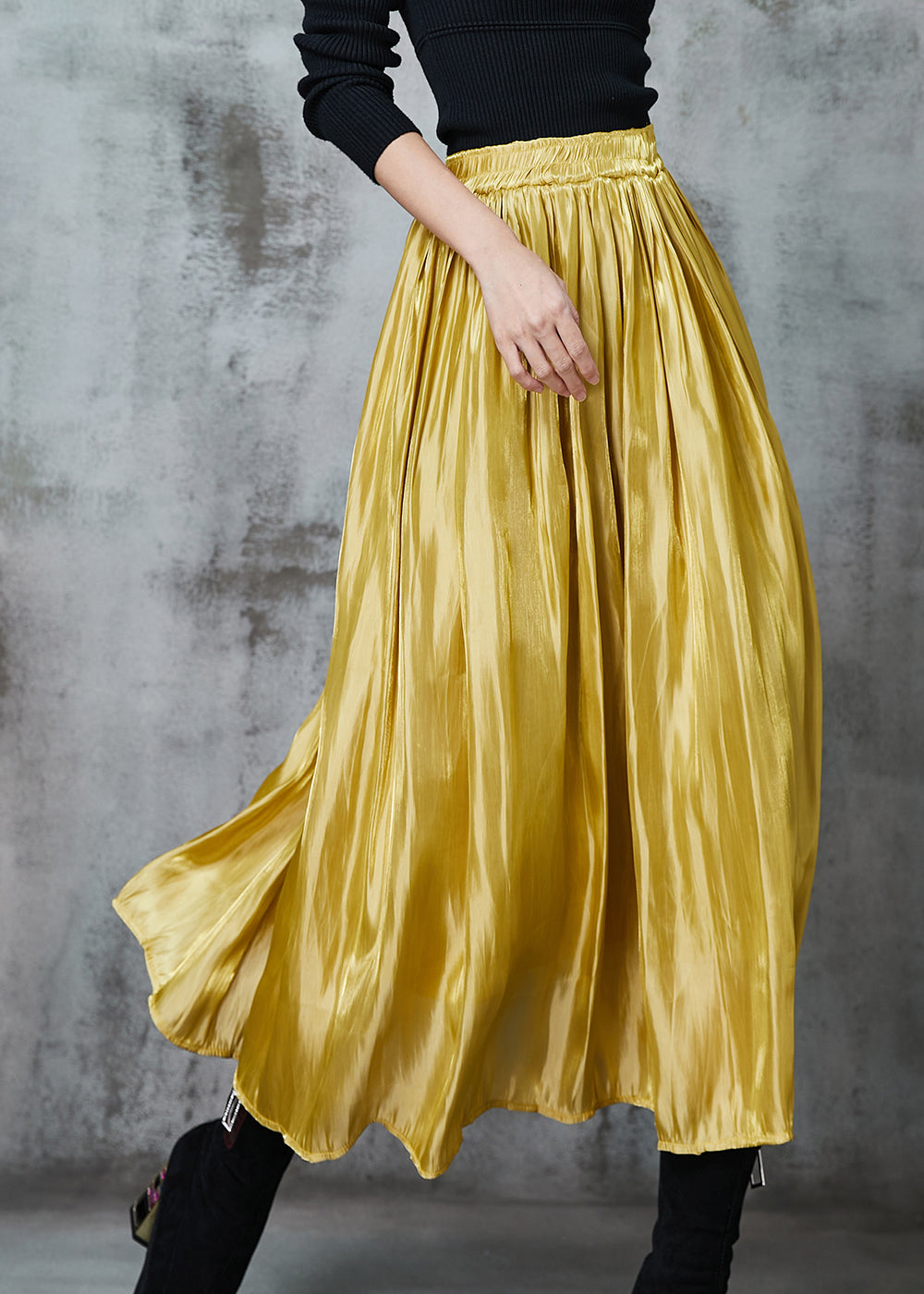 Yellow Exra Large Hem Silk Skirts Spring