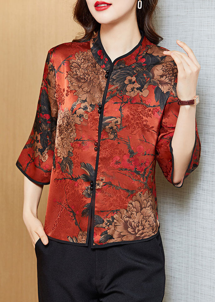 White Text Mandarin Collar Print Silk Shirt Tops Half Sleeve