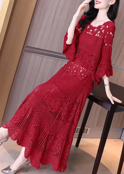 Loose Red Hollow Out Tops and Skirts Knit Two Pieces Set Flare Sleeve