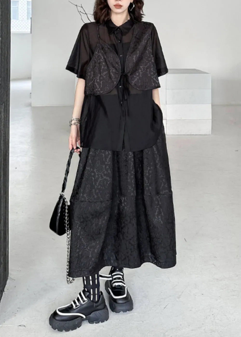 Black Jacquard Lace Up Patchwork Silk Cotton Two Piece Set Summer