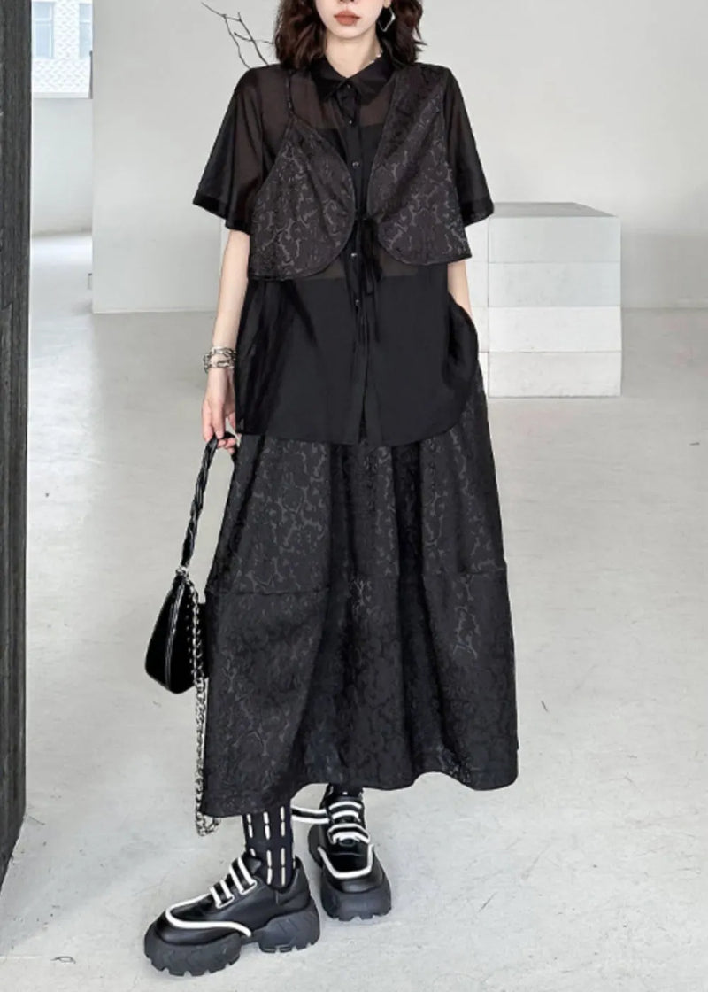 Black Jacquard Lace Up Patchwork Silk Cotton Two Piece Set Summer