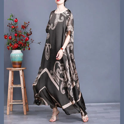 Tea Green Print Loose Silk Dress Summer