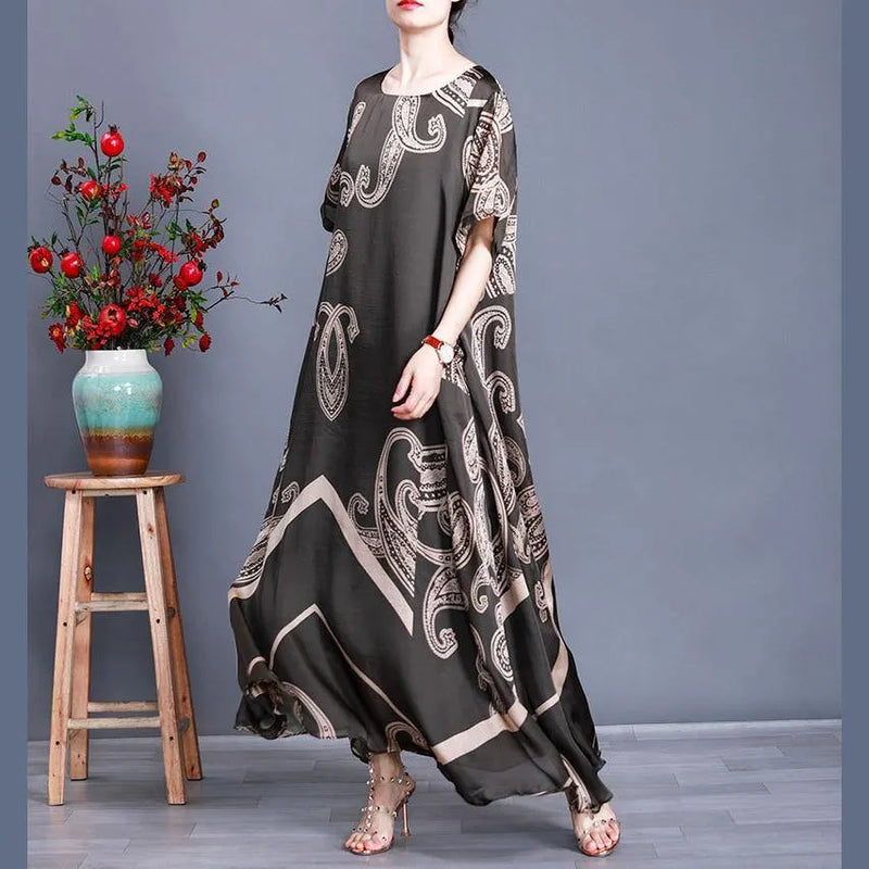 Tea Green Print Loose Silk Dress Summer