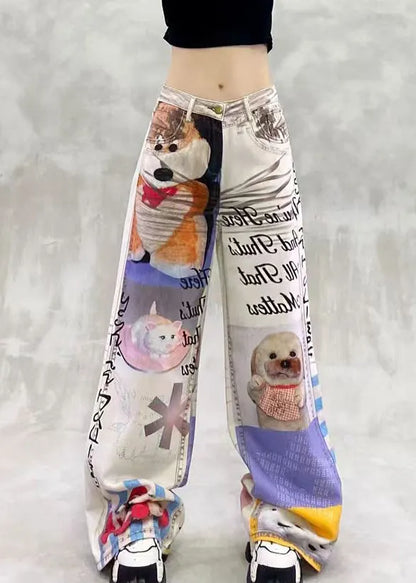 Modern Print Pockets High Waist Denim Pants Summer