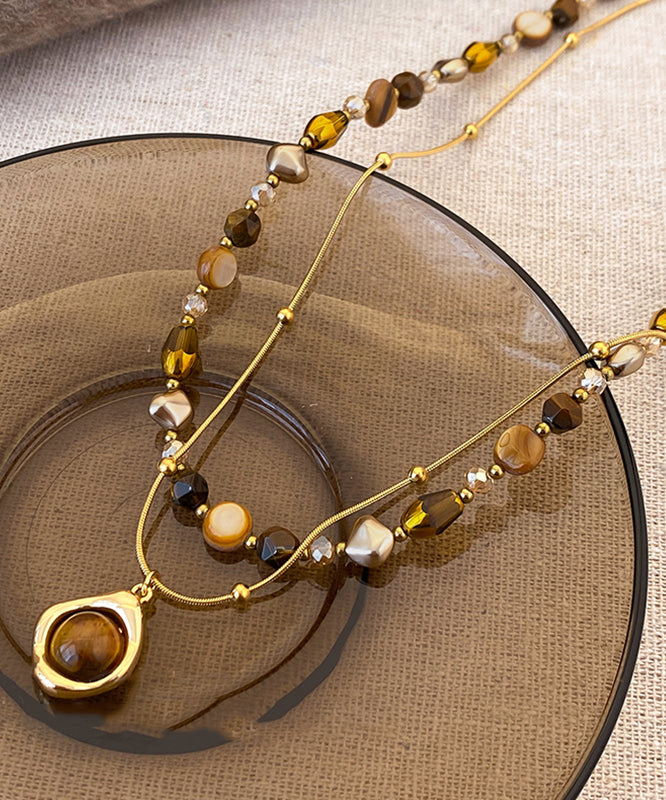 Gold Copper Overgild Tiger Eye Stone Beading Pendant Necklace Two Piece Set