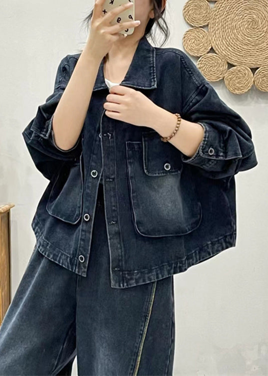 Modern Blue Button Pockets Patchwork Denim Coat Spring
