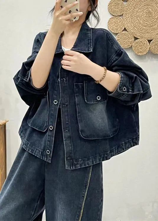Modern Blue Button Pockets Patchwork Denim Coat Spring