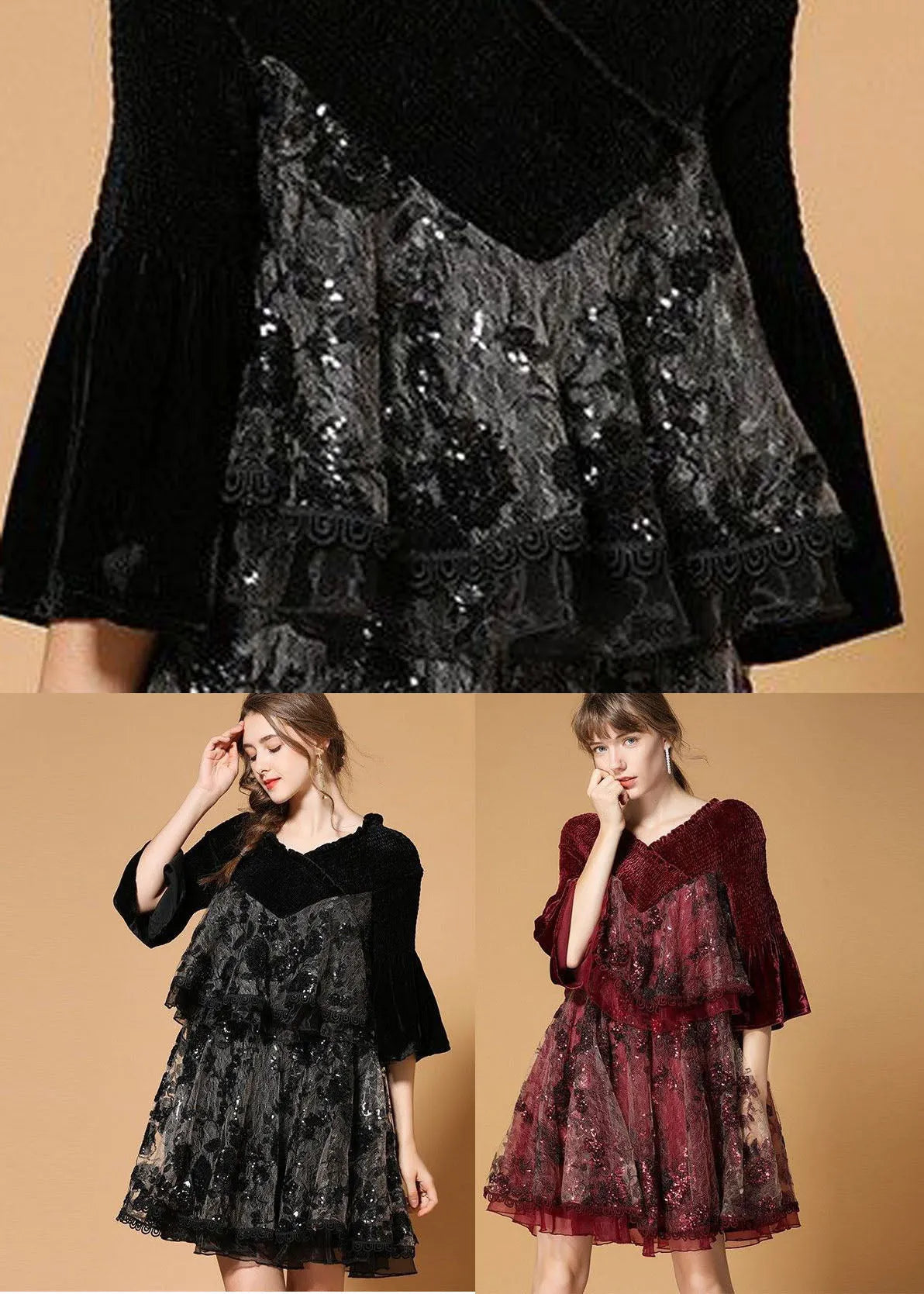 Mulberry V Neck Organza Patchwork Silk Velour Dresses Flare Sleeve