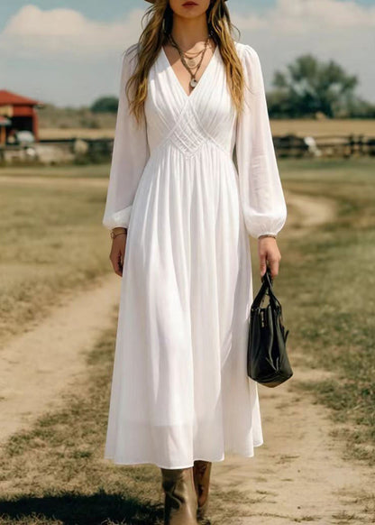 Simple White V Neck Chiffon Long Dress Spring