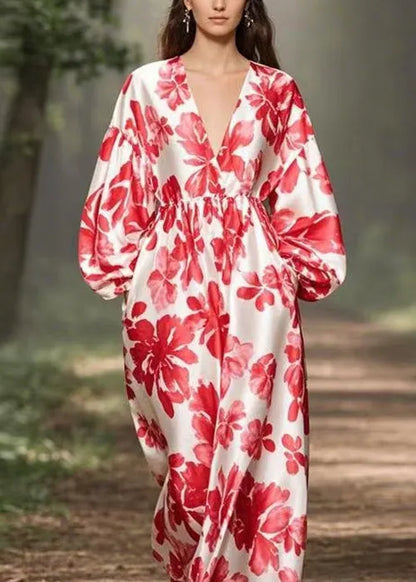 Red V Neck Print Pockets Silk Maxi Dresses Spring