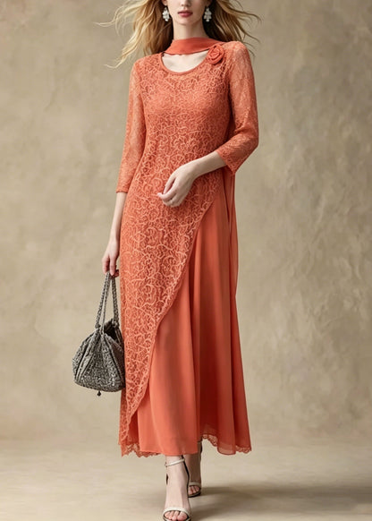 Orange Asymmetrical Lace Long Smock and Chiffon Dress 2 Piece Outfit Summer