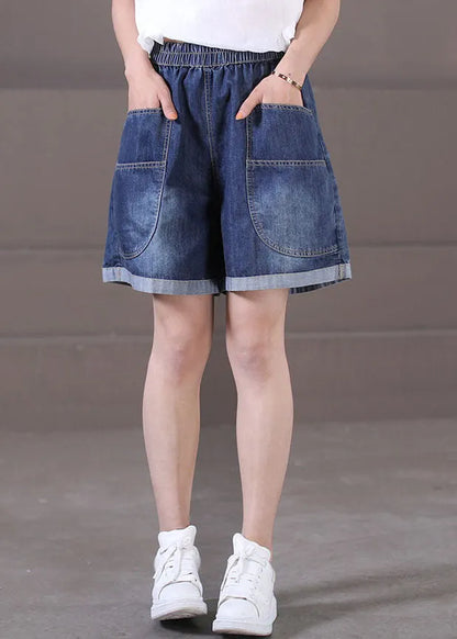 Denim Blue Elastic Waist Pockets Cotton Wide Leg Shorts Summer