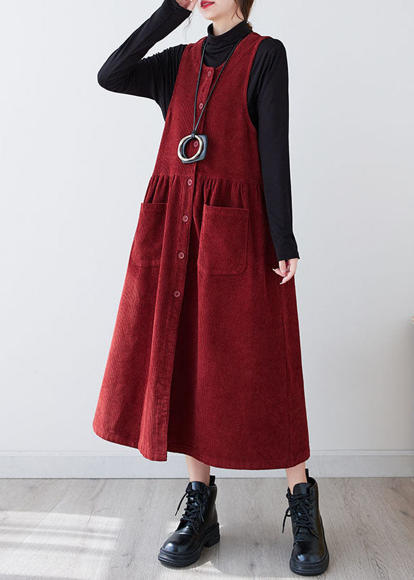 Red O-neck Patchwork Pockets Corduroy Maxi Dress Winter
