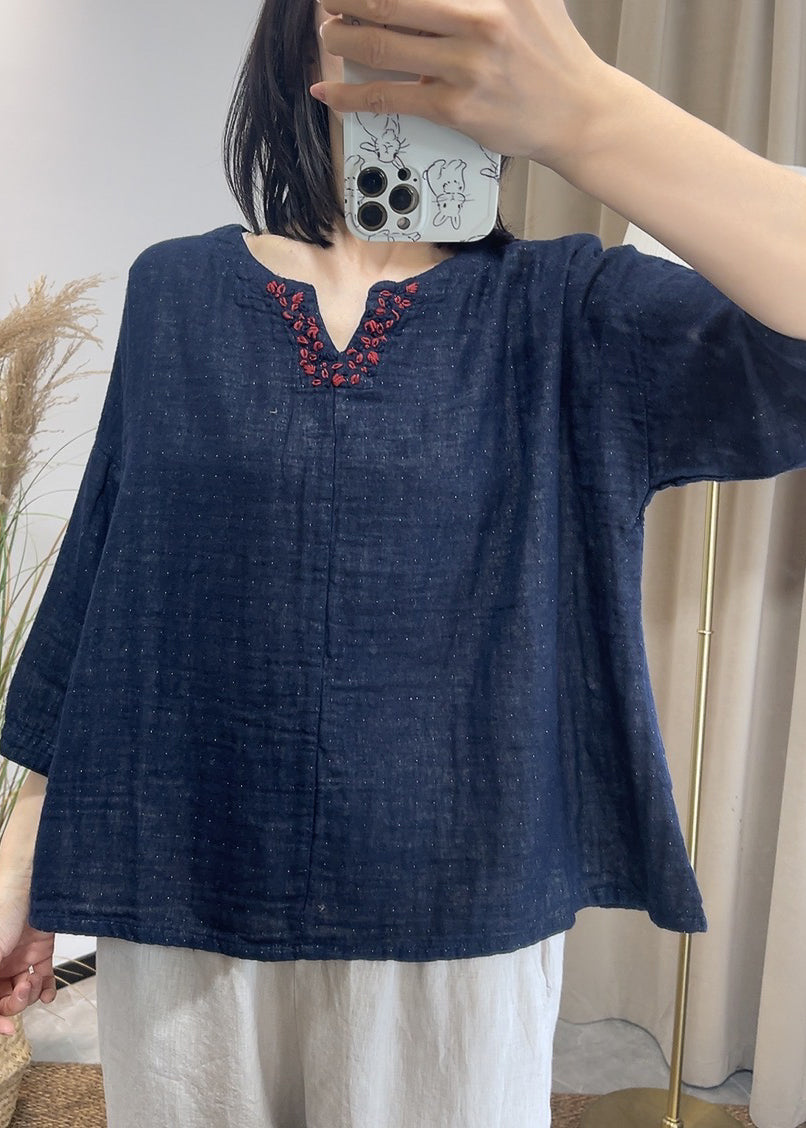 Loose Navy V Neck Patchwork Cotton Top Summer