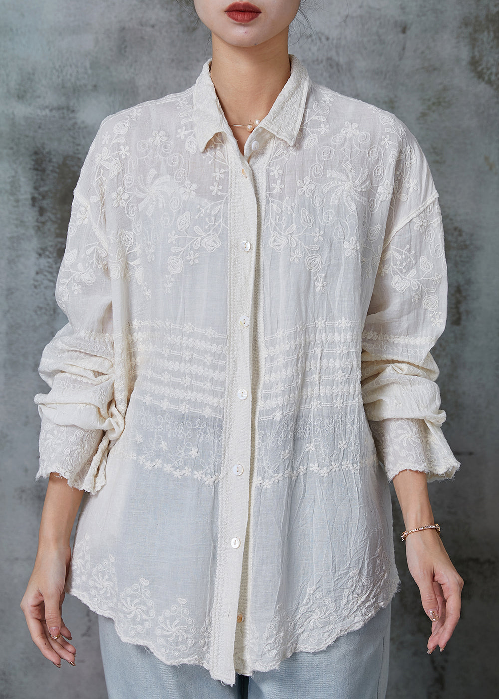 Apricot Embroidered Cotton Blouses Spring