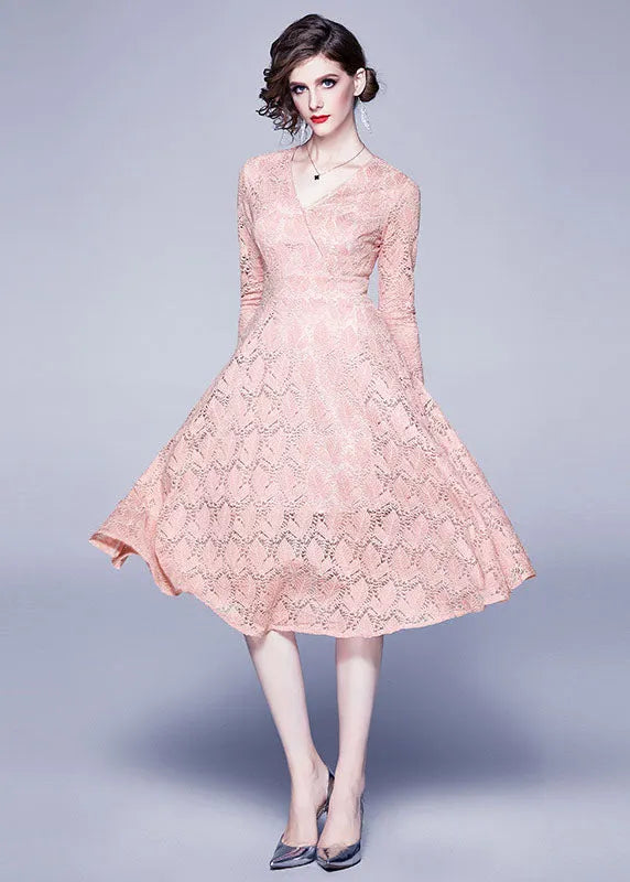 Pink V Neck Exra Large Hem Lace Dresses Bracelet Sleeve