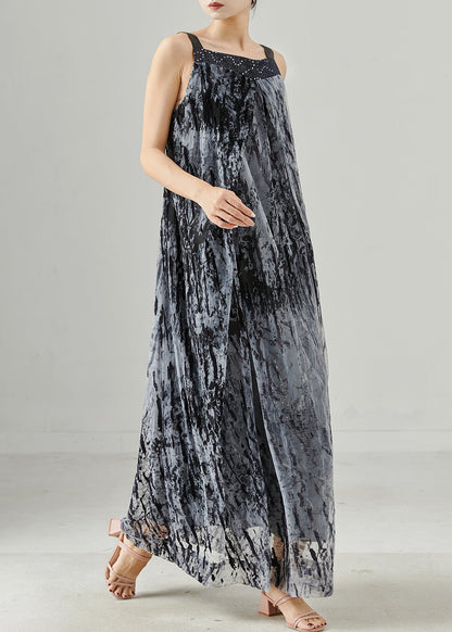 Diy Grey Print Chiffon Spaghetti Strap Dress Summer