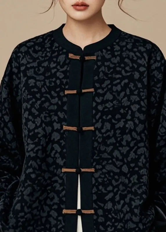 Handmade Black O-neck Patchwork Button Coats Fall