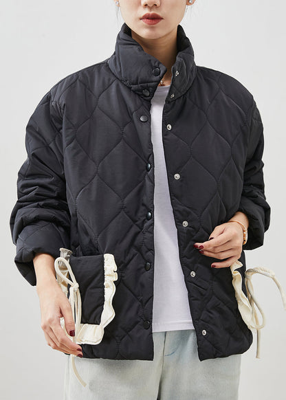 Black Ruffled Patchwork Pockets Fine Cotton Filled Jacket Spring