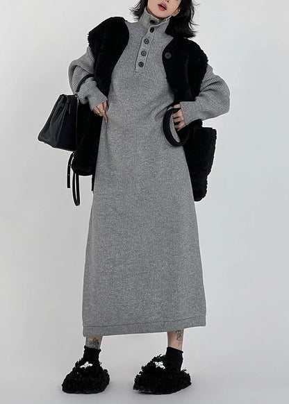 Grey Hign Neck Button Long Knit Sweaters Dress Winter