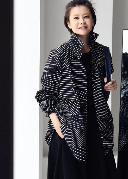 Black Peter Pan Collar Asymmetrical Striped Button Low High Design Cotton Shirt Long Sleeve
