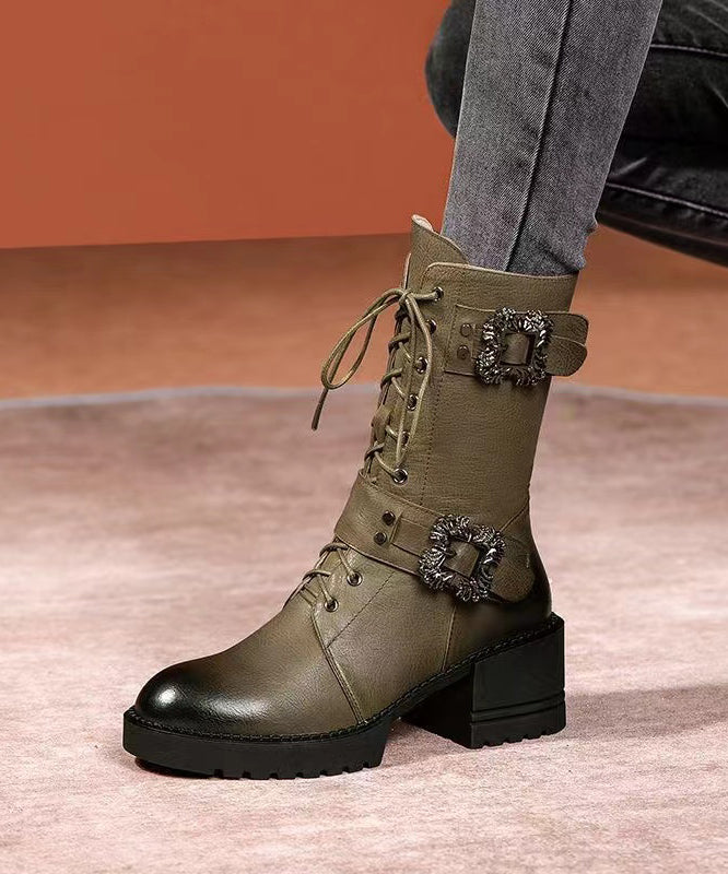 Green Cross Strap Splicing Chunky Boots