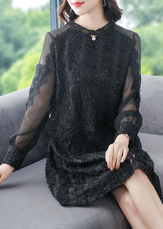 Italian Black O-neck Patchwork Silk Mid Dress Spring