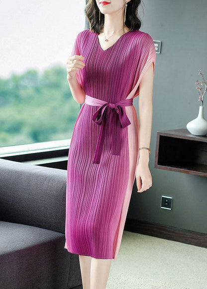 Rose Wrinkled Tie Waist Chiffon Vacation Dresses Summer