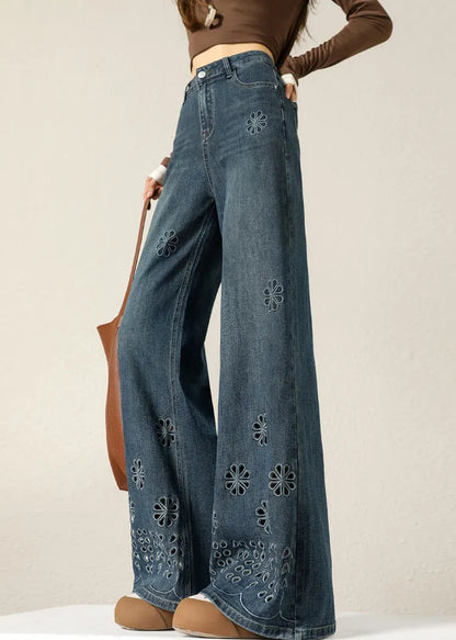 Navy Hollow Out Flower Denim Pants Spring