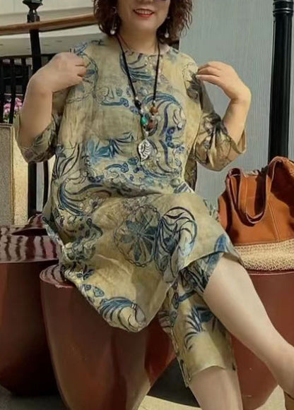Khaki O-neck Print Linen Two Piece Suit Set Half Sleeve