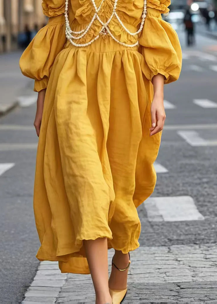 Diy Yellow V Neck Wrinkled Nail Bead Vacation Dresses Spring