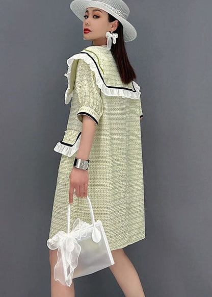Green Sailor Collar Patchwork Ruffled Cotton Maxi Dress Short Sleeve