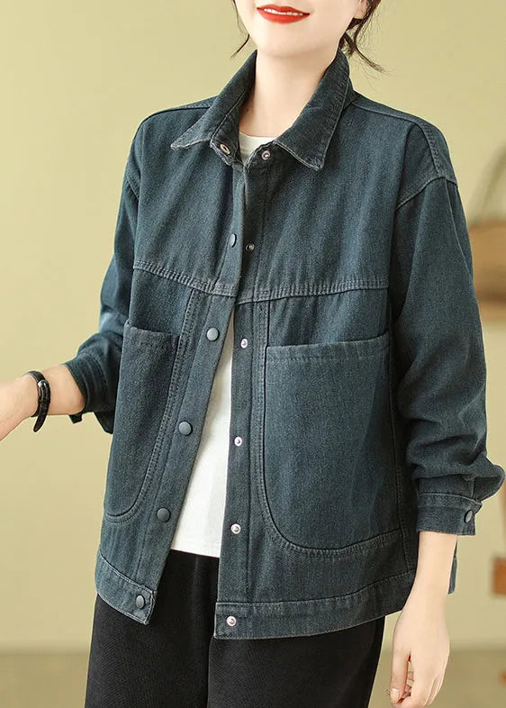 Navy Oversized Pockets Warm Fleece Denim Jacket Spring