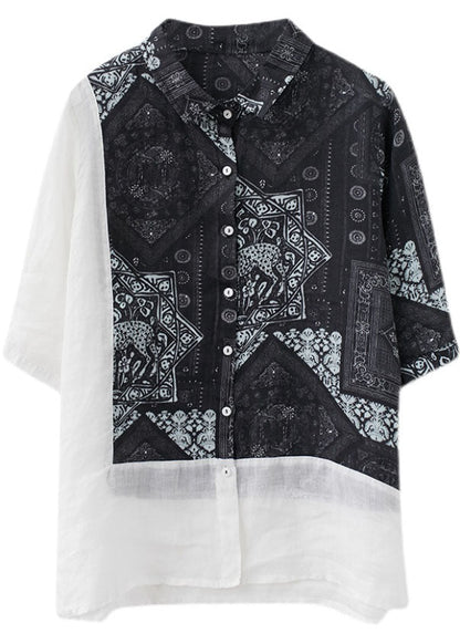 Black Peter Pan Collar Button Patchwork Print Fall Shirt Half Sleeve