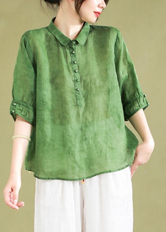 Red Peter Pan Collar Patchwork Button Linen Shirts Half Sleeve