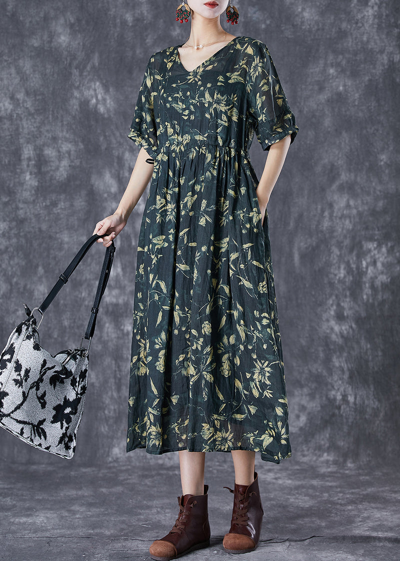 Blackish Green Cinched Print Linen Maxi Dress Summer