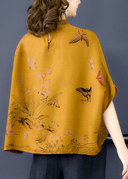 Loose Yellow Stand Collar Print Silk Two Piece Set Clothing Batwing Sleeve