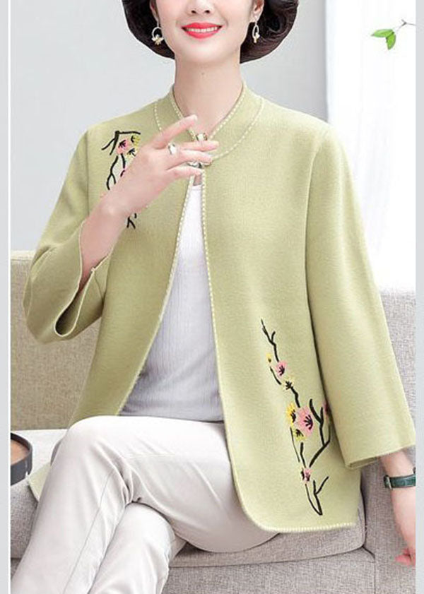 Light Green Stand Collar Embroideried Woolen Loose Cardigan Fall