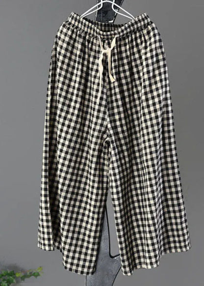 Large Plaid Elastic Waist Linen Wide Leg Pants Summer