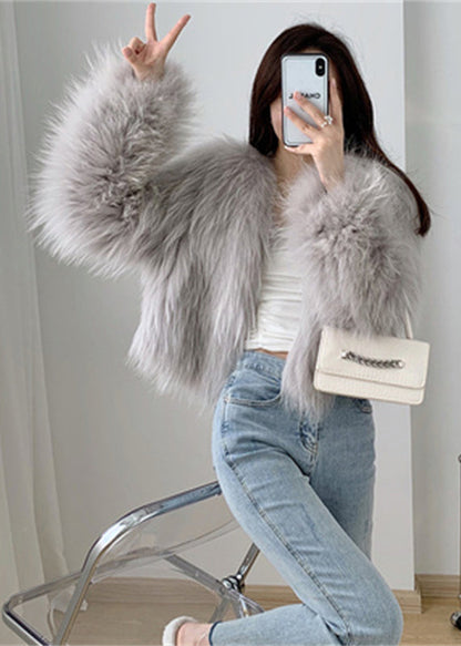 White Patchwork Faux Fur Coat V Neck Winter