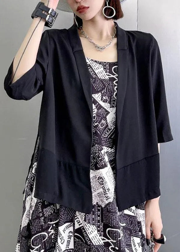 Black Peter Pan Collar Side Open Stand Collar Half Sleeve Coat Summer